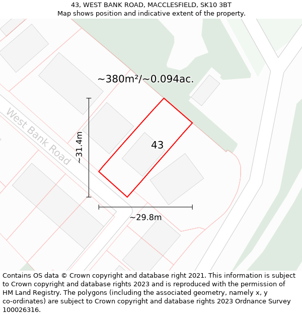 43, WEST BANK ROAD, MACCLESFIELD, SK10 3BT: Plot and title map