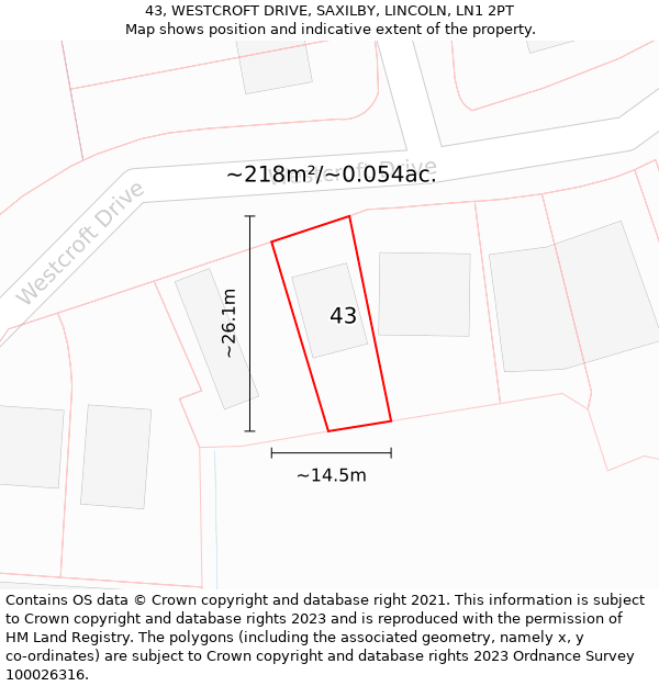 43, WESTCROFT DRIVE, SAXILBY, LINCOLN, LN1 2PT: Plot and title map