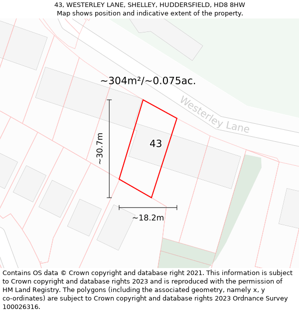 43, WESTERLEY LANE, SHELLEY, HUDDERSFIELD, HD8 8HW: Plot and title map