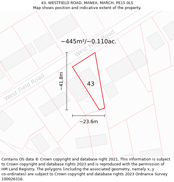 43, WESTFIELD ROAD, MANEA, MARCH, PE15 0LS: Plot and title map