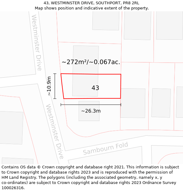 43, WESTMINSTER DRIVE, SOUTHPORT, PR8 2RL: Plot and title map