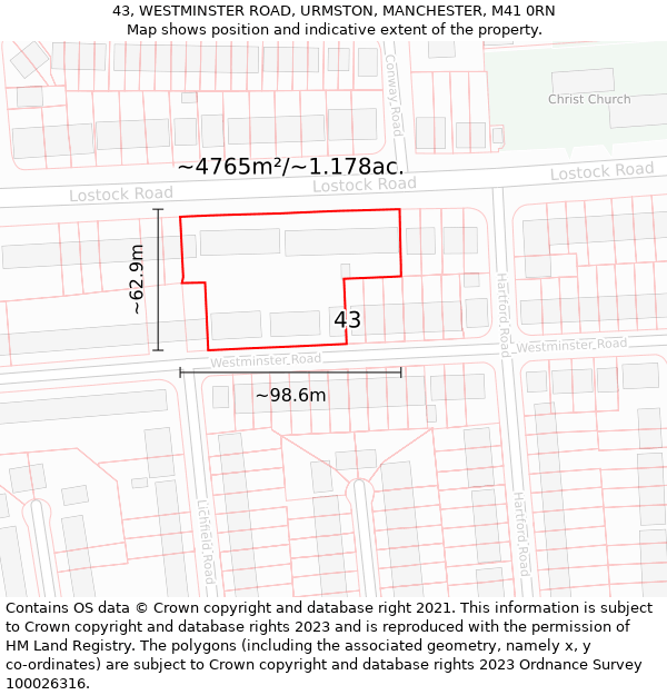 43, WESTMINSTER ROAD, URMSTON, MANCHESTER, M41 0RN: Plot and title map