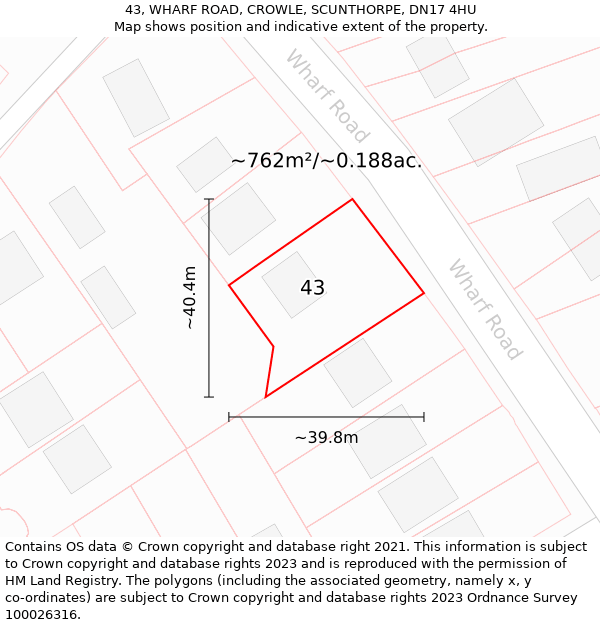 43, WHARF ROAD, CROWLE, SCUNTHORPE, DN17 4HU: Plot and title map