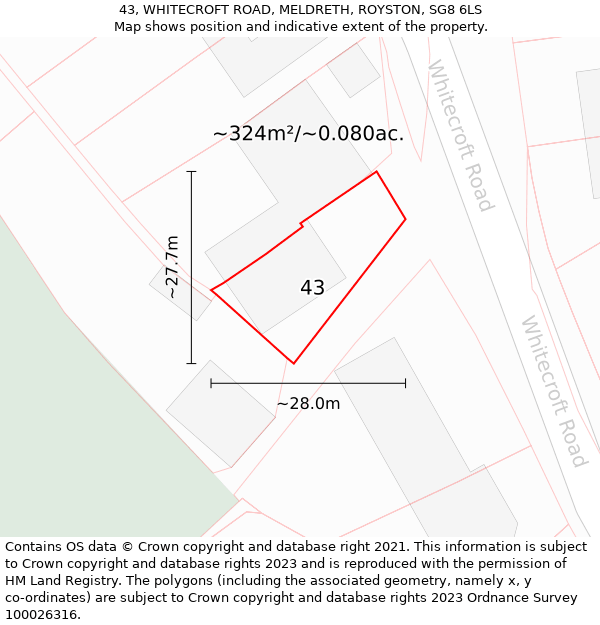 43, WHITECROFT ROAD, MELDRETH, ROYSTON, SG8 6LS: Plot and title map