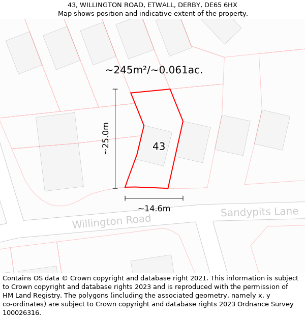 43, WILLINGTON ROAD, ETWALL, DERBY, DE65 6HX: Plot and title map