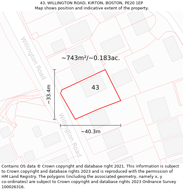 43, WILLINGTON ROAD, KIRTON, BOSTON, PE20 1EP: Plot and title map