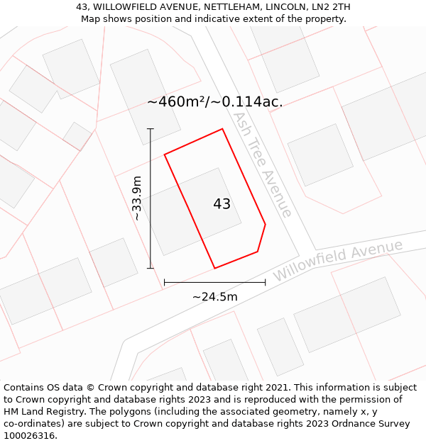 43, WILLOWFIELD AVENUE, NETTLEHAM, LINCOLN, LN2 2TH: Plot and title map