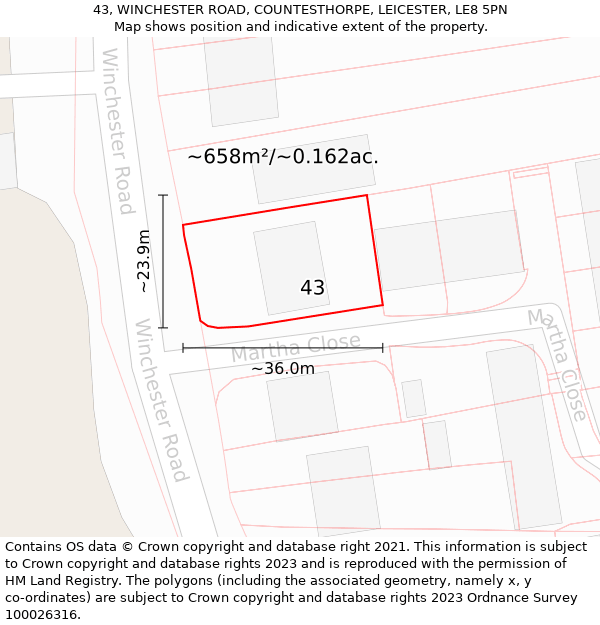 43, WINCHESTER ROAD, COUNTESTHORPE, LEICESTER, LE8 5PN: Plot and title map