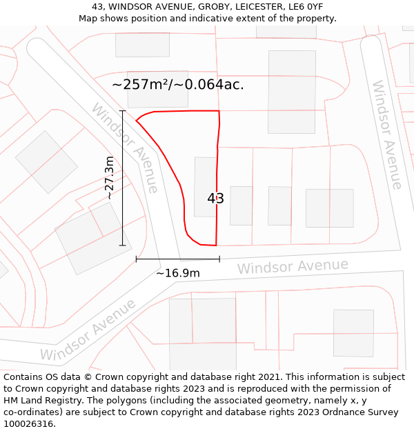 43, WINDSOR AVENUE, GROBY, LEICESTER, LE6 0YF: Plot and title map