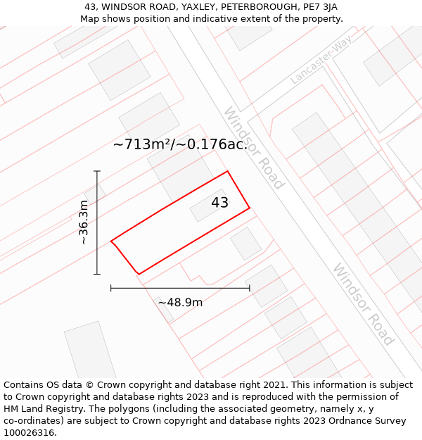 43, WINDSOR ROAD, YAXLEY, PETERBOROUGH, PE7 3JA: Plot and title map