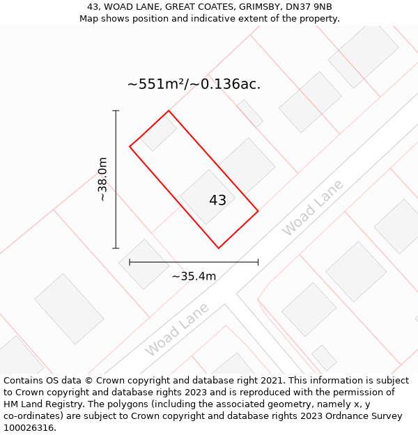 43, WOAD LANE, GREAT COATES, GRIMSBY, DN37 9NB: Plot and title map