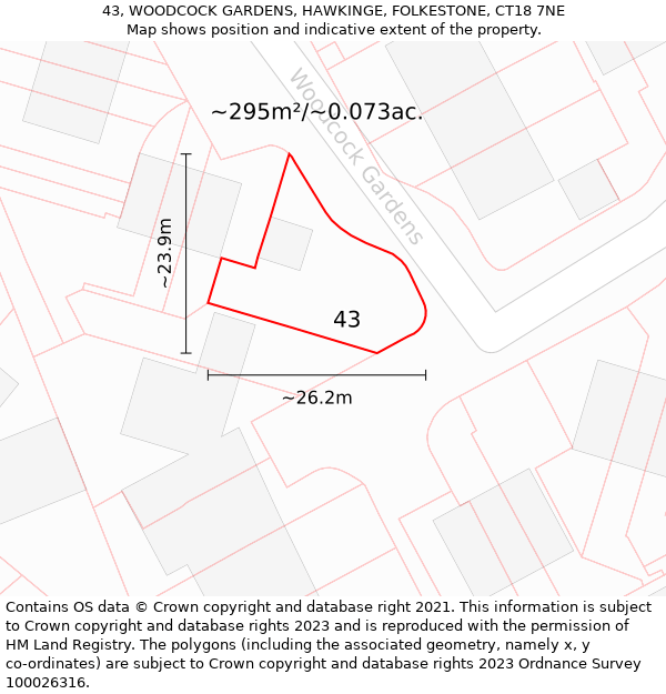 43, WOODCOCK GARDENS, HAWKINGE, FOLKESTONE, CT18 7NE: Plot and title map