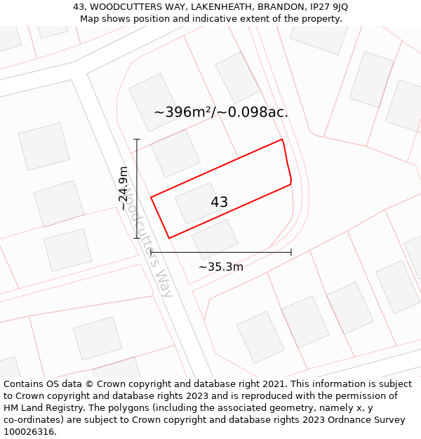 43, WOODCUTTERS WAY, LAKENHEATH, BRANDON, IP27 9JQ: Plot and title map