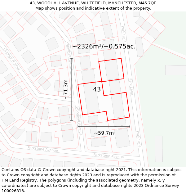 43, WOODHALL AVENUE, WHITEFIELD, MANCHESTER, M45 7QE: Plot and title map