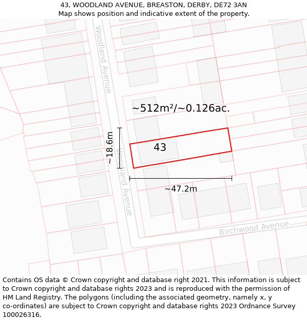 43, WOODLAND AVENUE, BREASTON, DERBY, DE72 3AN: Plot and title map