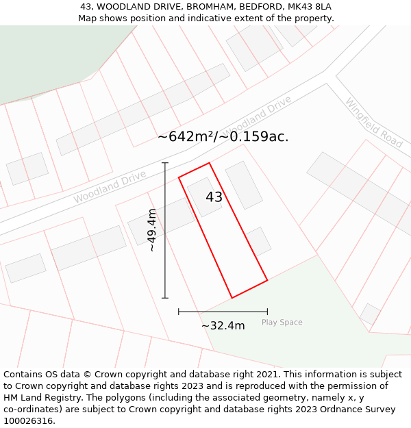 43, WOODLAND DRIVE, BROMHAM, BEDFORD, MK43 8LA: Plot and title map