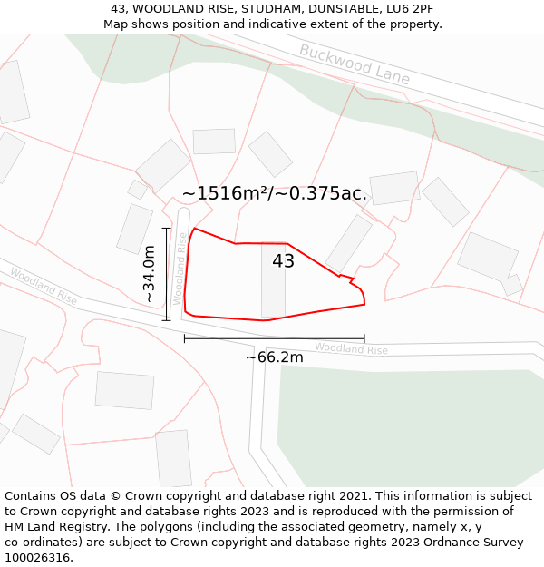 43, WOODLAND RISE, STUDHAM, DUNSTABLE, LU6 2PF: Plot and title map