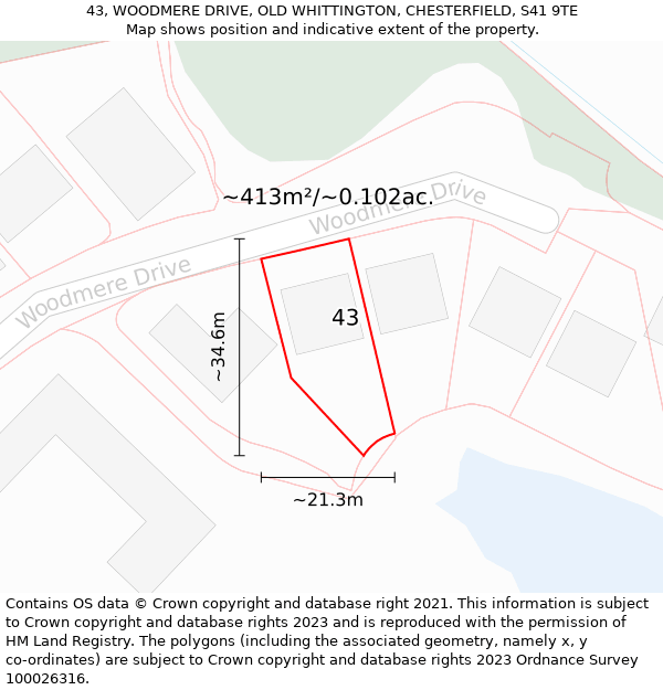 43, WOODMERE DRIVE, OLD WHITTINGTON, CHESTERFIELD, S41 9TE: Plot and title map