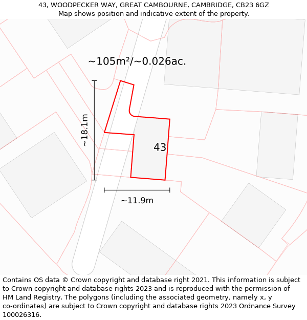 43, WOODPECKER WAY, GREAT CAMBOURNE, CAMBRIDGE, CB23 6GZ: Plot and title map