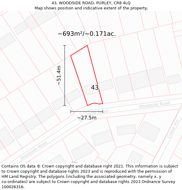 43, WOODSIDE ROAD, PURLEY, CR8 4LQ: Plot and title map