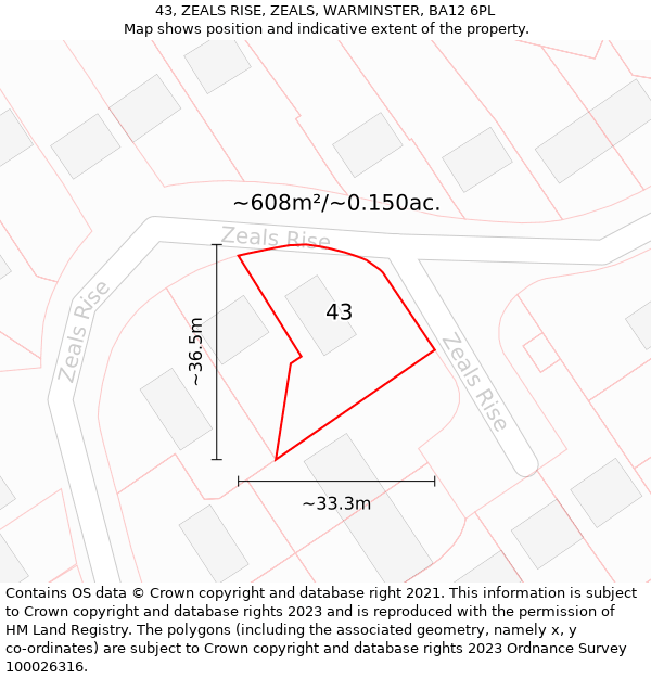 43, ZEALS RISE, ZEALS, WARMINSTER, BA12 6PL: Plot and title map