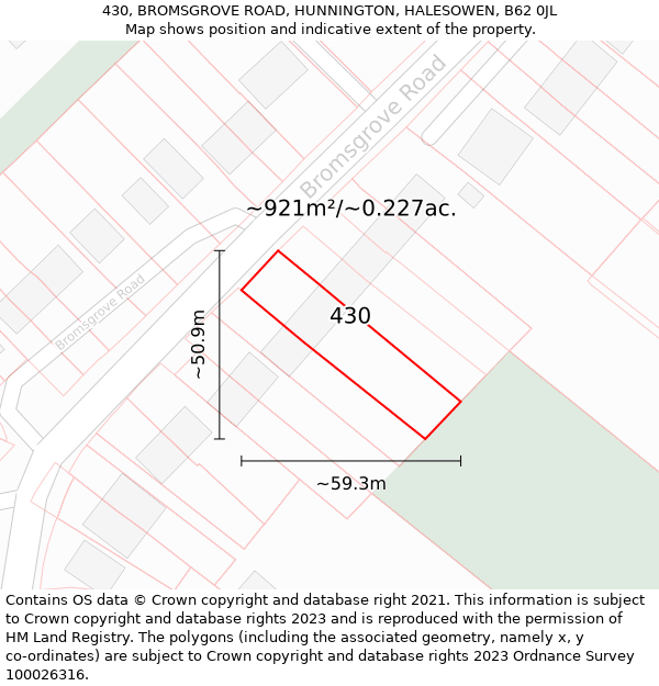 430, BROMSGROVE ROAD, HUNNINGTON, HALESOWEN, B62 0JL: Plot and title map