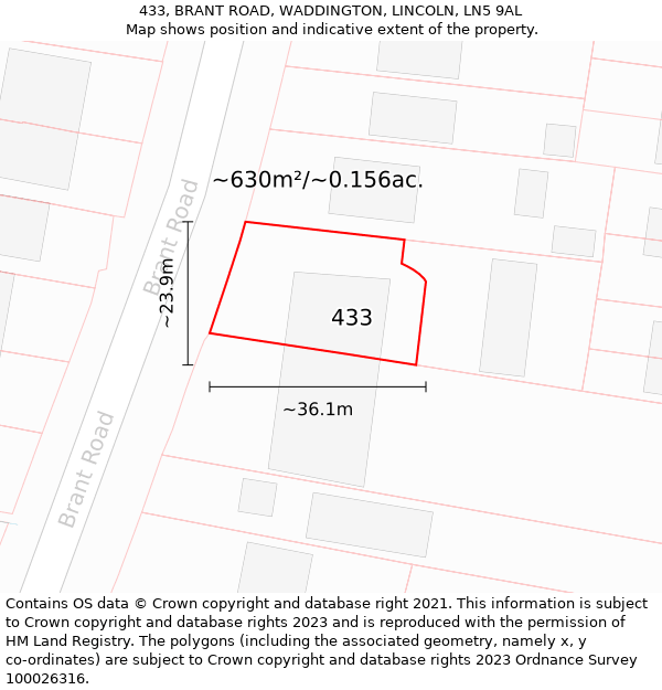 433, BRANT ROAD, WADDINGTON, LINCOLN, LN5 9AL: Plot and title map