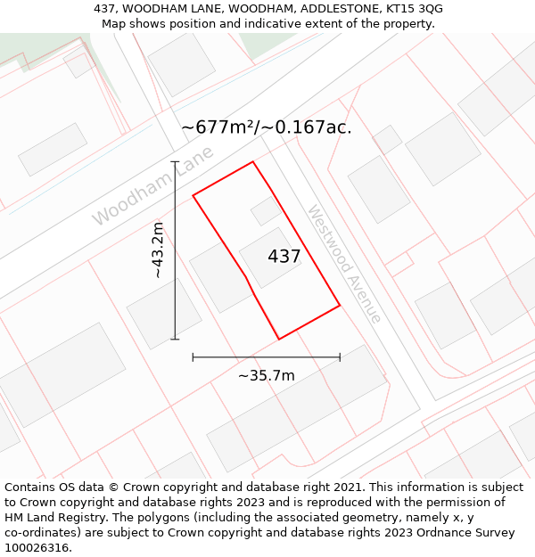 437, WOODHAM LANE, WOODHAM, ADDLESTONE, KT15 3QG: Plot and title map