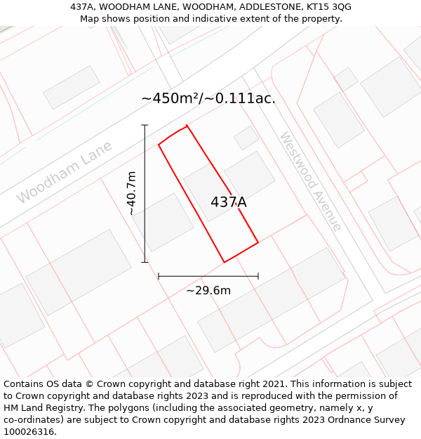 437A, WOODHAM LANE, WOODHAM, ADDLESTONE, KT15 3QG: Plot and title map