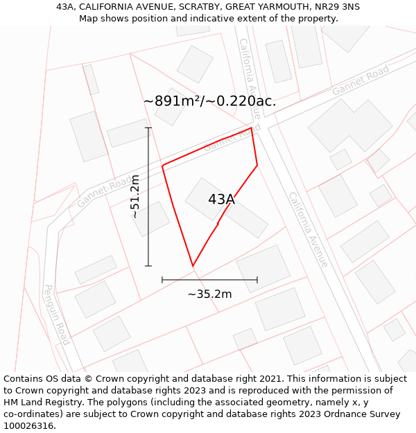 43A, CALIFORNIA AVENUE, SCRATBY, GREAT YARMOUTH, NR29 3NS: Plot and title map