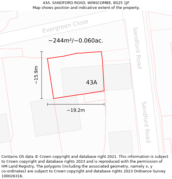 43A, SANDFORD ROAD, WINSCOMBE, BS25 1JF: Plot and title map