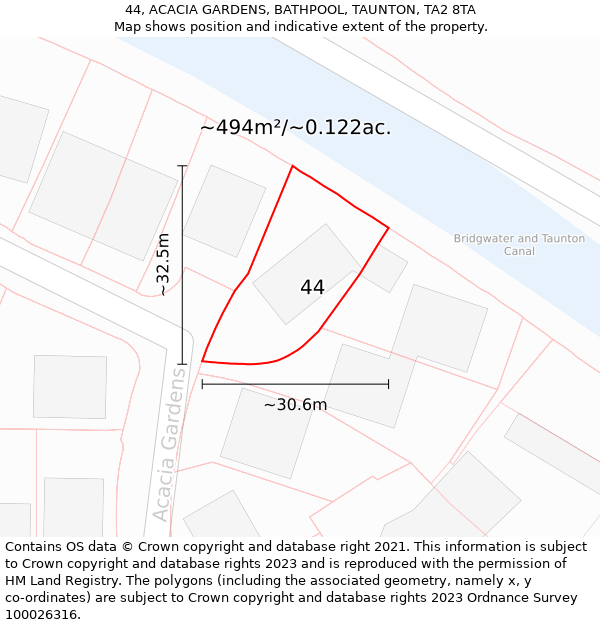 44, ACACIA GARDENS, BATHPOOL, TAUNTON, TA2 8TA: Plot and title map