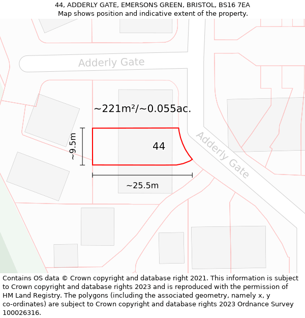 44, ADDERLY GATE, EMERSONS GREEN, BRISTOL, BS16 7EA: Plot and title map