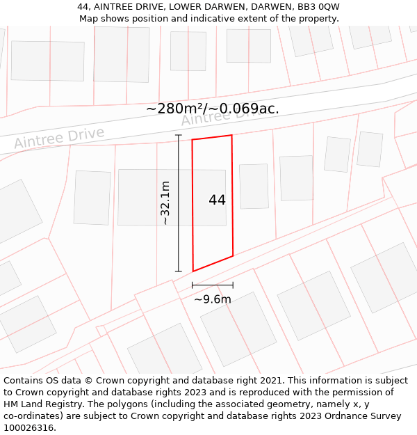 44, AINTREE DRIVE, LOWER DARWEN, DARWEN, BB3 0QW: Plot and title map