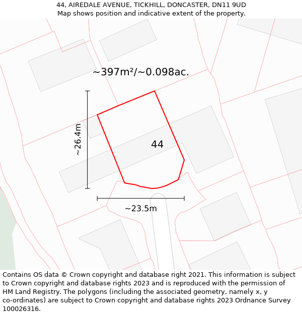 44, AIREDALE AVENUE, TICKHILL, DONCASTER, DN11 9UD: Plot and title map