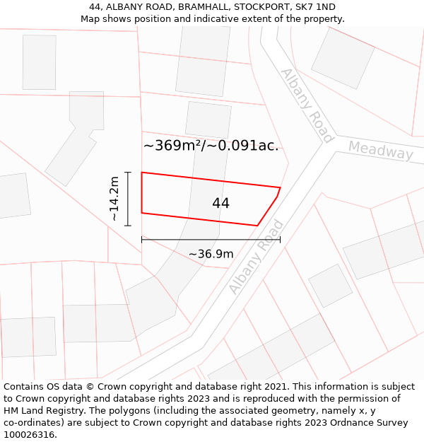 44, ALBANY ROAD, BRAMHALL, STOCKPORT, SK7 1ND: Plot and title map