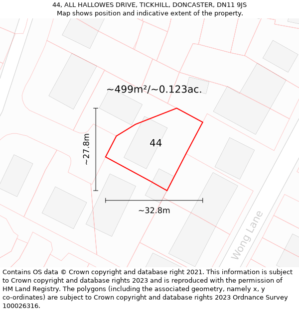 44, ALL HALLOWES DRIVE, TICKHILL, DONCASTER, DN11 9JS: Plot and title map