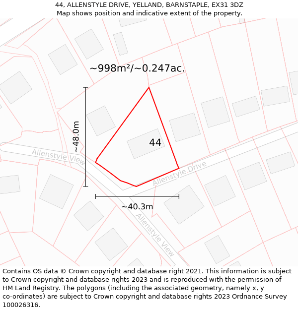 44, ALLENSTYLE DRIVE, YELLAND, BARNSTAPLE, EX31 3DZ: Plot and title map