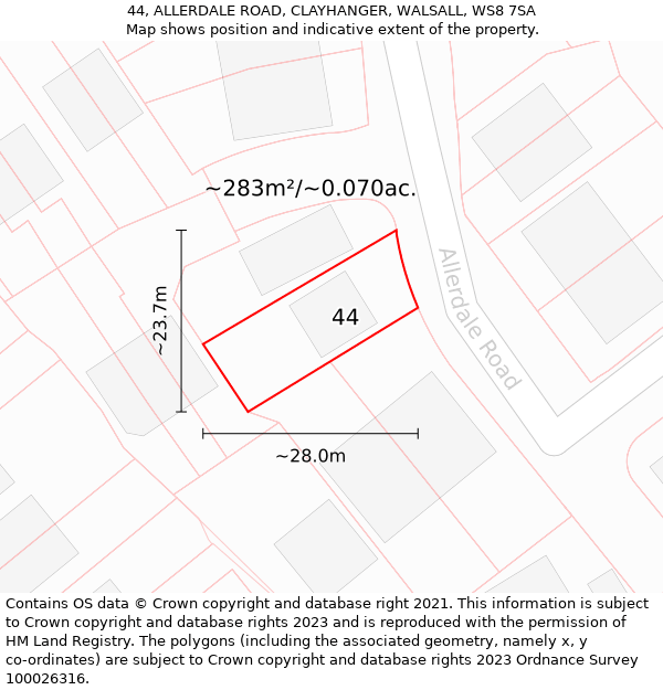 44, ALLERDALE ROAD, CLAYHANGER, WALSALL, WS8 7SA: Plot and title map