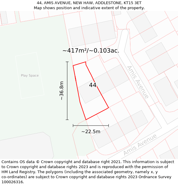 44, AMIS AVENUE, NEW HAW, ADDLESTONE, KT15 3ET: Plot and title map