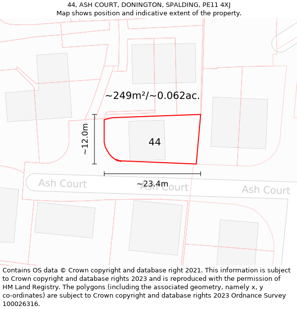 44, ASH COURT, DONINGTON, SPALDING, PE11 4XJ: Plot and title map