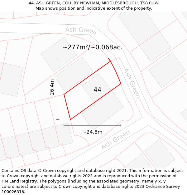 44, ASH GREEN, COULBY NEWHAM, MIDDLESBROUGH, TS8 0UW: Plot and title map