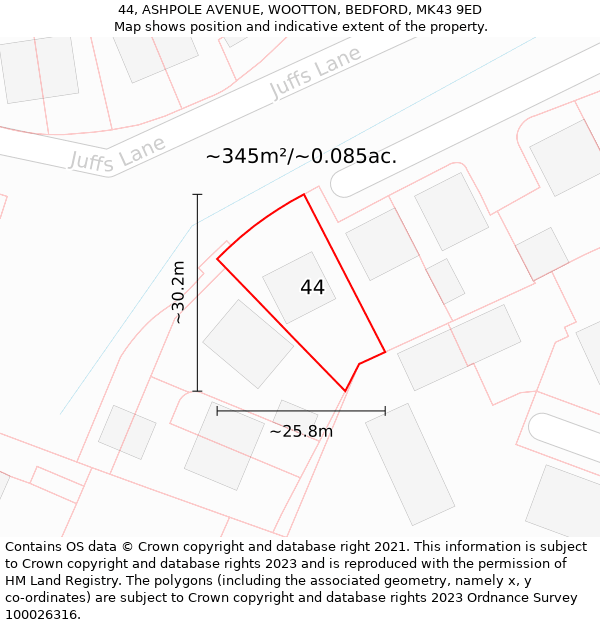 44, ASHPOLE AVENUE, WOOTTON, BEDFORD, MK43 9ED: Plot and title map