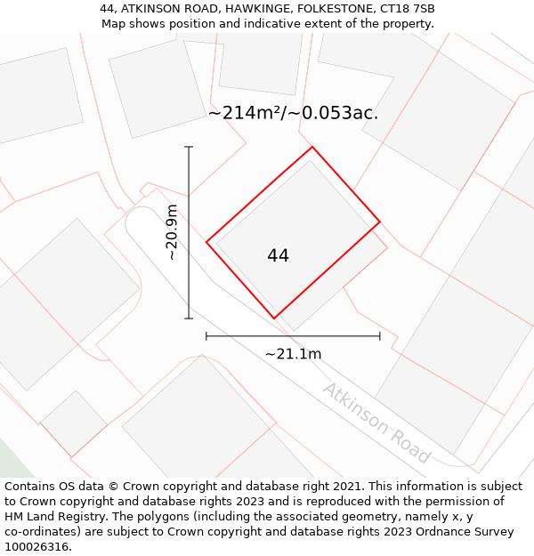 44, ATKINSON ROAD, HAWKINGE, FOLKESTONE, CT18 7SB: Plot and title map