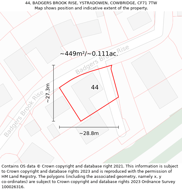 44, BADGERS BROOK RISE, YSTRADOWEN, COWBRIDGE, CF71 7TW: Plot and title map