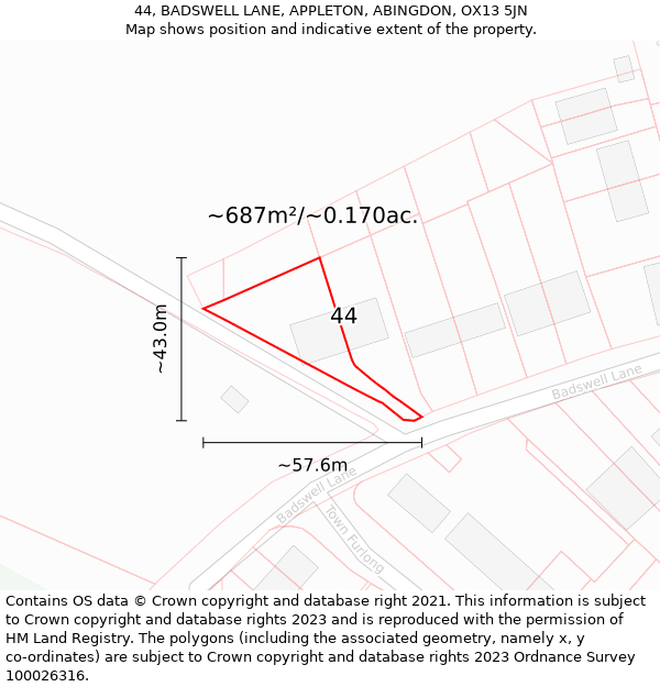 44, BADSWELL LANE, APPLETON, ABINGDON, OX13 5JN: Plot and title map