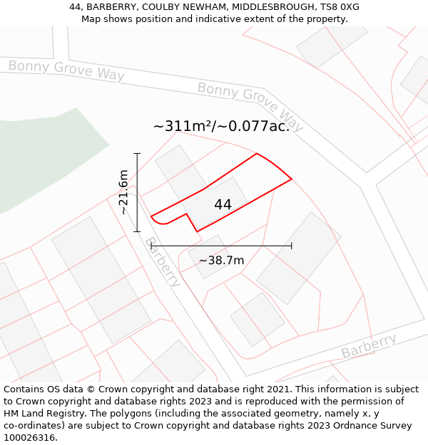 44, BARBERRY, COULBY NEWHAM, MIDDLESBROUGH, TS8 0XG: Plot and title map