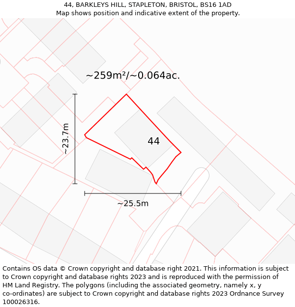 44, BARKLEYS HILL, STAPLETON, BRISTOL, BS16 1AD: Plot and title map