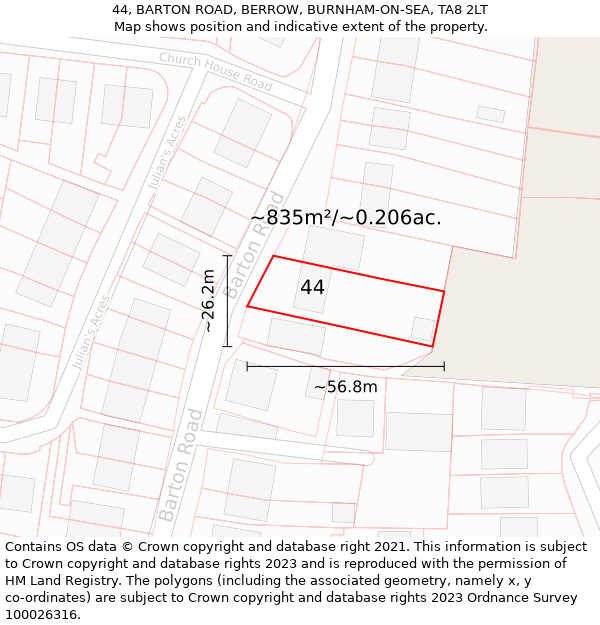 44, BARTON ROAD, BERROW, BURNHAM-ON-SEA, TA8 2LT: Plot and title map