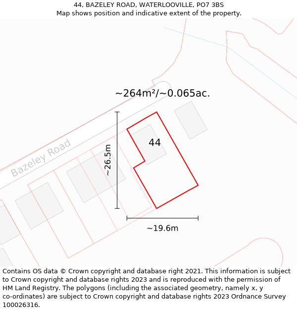 44, BAZELEY ROAD, WATERLOOVILLE, PO7 3BS: Plot and title map
